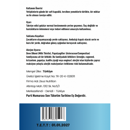 Milk Thistle -DEVEDİKENİ EKSTRESİ 60 Kapsül Zeus Nutrition x 2 ADET 